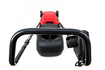 new red lawnmower on white background