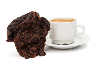 Espresso coffee with a chocolate muffin isolated