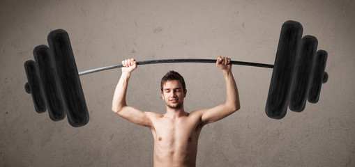 Funny skinny guy lifting weights
