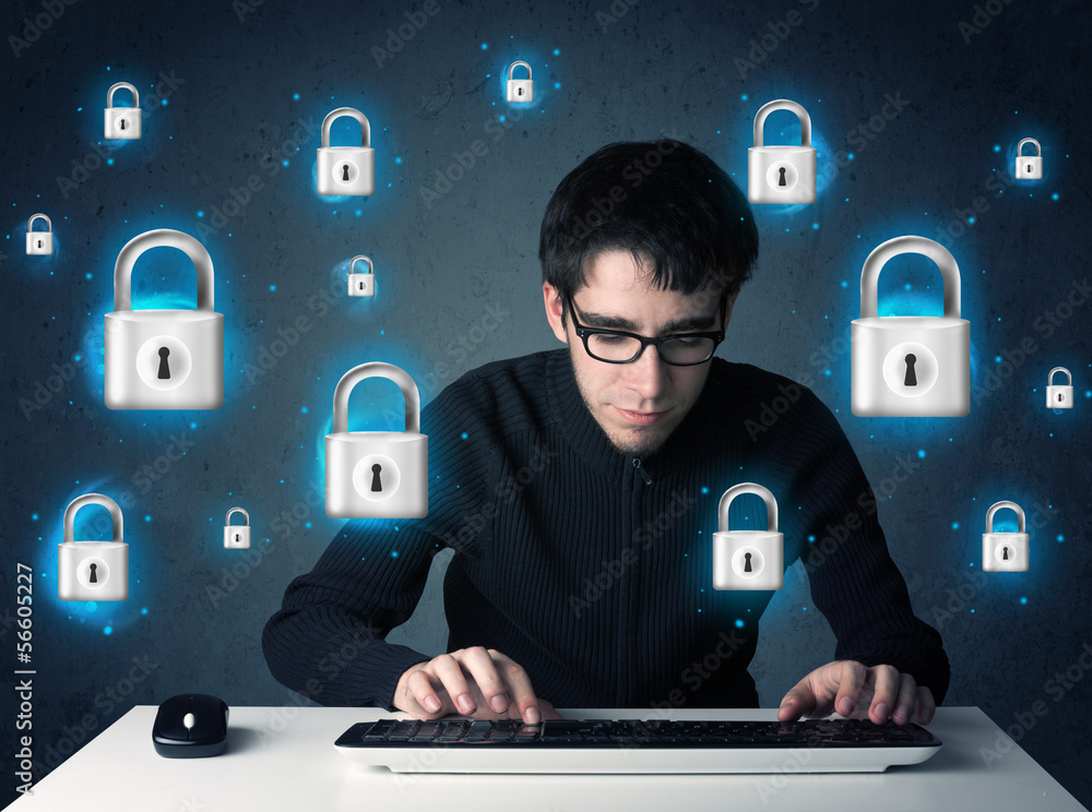 Poster young hacker with virtual lock symbols and icons