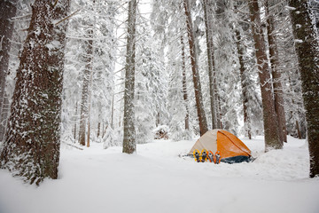 Camping during winter hiking in Carpathian mountains - 56608455