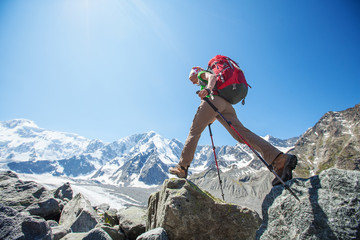 Hiker near Belukha Mountain, the highest in Siberia