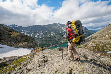 Fototapeta premium Hiker in Altai mountains