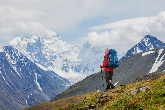 Hiker near Belukha Mountain, the highest in Siberia