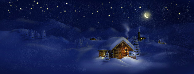 Christmas scenic panorama landscape - huts, church