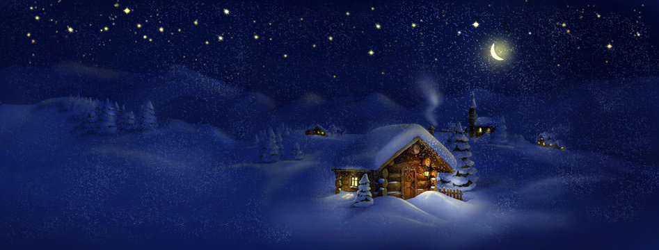 Christmas scenic panorama landscape - huts, church