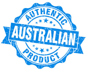 Australian product grunge blue stamp on white