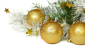 Christmas balls with tinsel and pine tree
