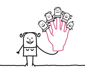 mother with five  puppets children on fingers