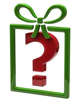 Gift and  red question mark sign on white background