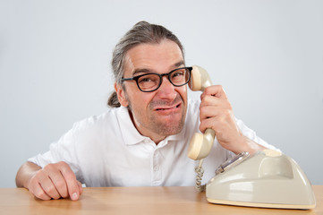 crazy mam with old telephone