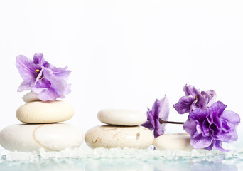 Spa stones and purple flower on white background