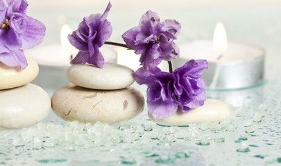 Spa stones and pink flower on white background