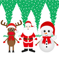 Christmas reindeer, snowman and Santa Claus in a forest