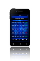 mobile phone with exchange rates screen isolated over white