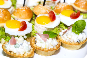 canape with meat seafood and vegetables on a white background