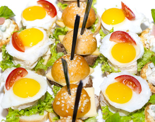 canape with meat seafood and vegetables on a white background