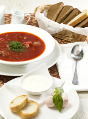 red beet soup on the table in a restaurant