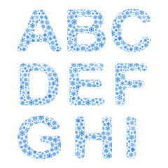 Alphabet from snowflakes, letters A, B, C, D, E, F, G, H, I