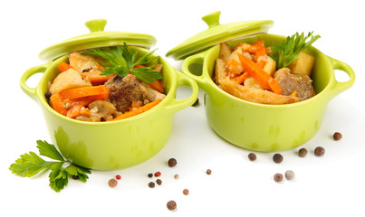 Homemade beef stir fry with vegetables in color pans, isolated