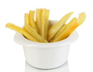 Bright fresh pepper cut up slices in bowl isolated on white