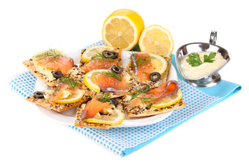 Salmon sandwiches on plate  isolated on white