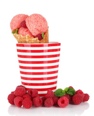 Appetizing ice cream with waffle cone in cup isolated on white