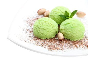 Delicious ice cream on plate isolated on white