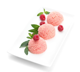 Delicious ice cream on plate isolated on white