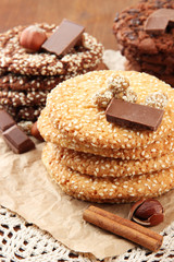 Homemade cookies with sesame seeds, chocolate,