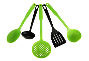Plastic kitchen utensils isolated on white