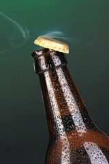Top of open wet beer bottle on dark background