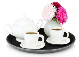 Fototapeta na wymiar Cups of coffee on tray isolated on white