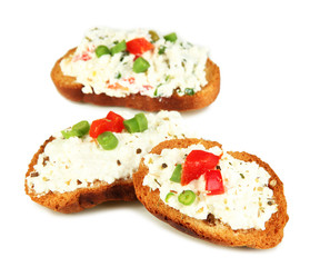 Sandwiches with cottage cheese and greens isolated on white