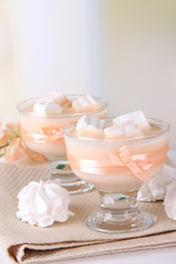 Tasty yogurt with marshmallows, close up