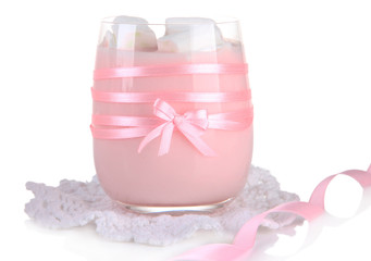 Tasty yogurt with marshmallows, isolated on white