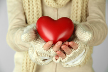 Female hands with red heart, close-up