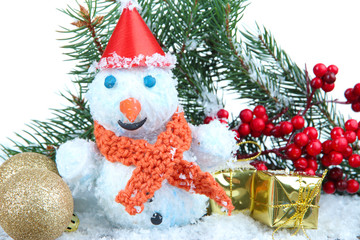 Beautiful snowman on snow, isolated on white