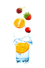 Fruit falls in water. Isolation on white background.