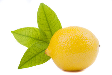 Lemon with leaves on a white background.