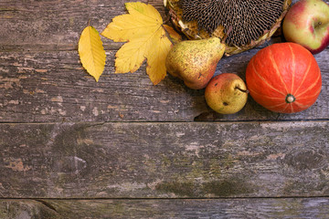 Jesienna kompozycja. Owoce na drewnianym tle.