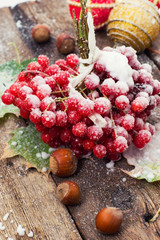 ripe fruit plants viburnum and Christmas toys