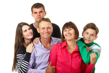 Happy big caucasian family having fun and smiling over white bac