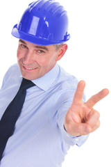 senior engineer showing the victory sign