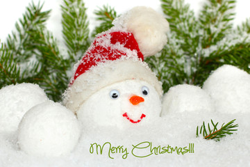 Snowman with winter snow background. Christmas card.