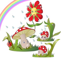 mushroom family in rain
