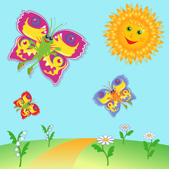Fototapeta na wymiar Fairy Butterflies and Sun over meadow
