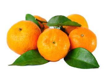 Ripe tasty tangerines with leaves isolated on white