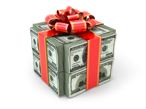 Money gift. Pack of dollars and red ribbon.