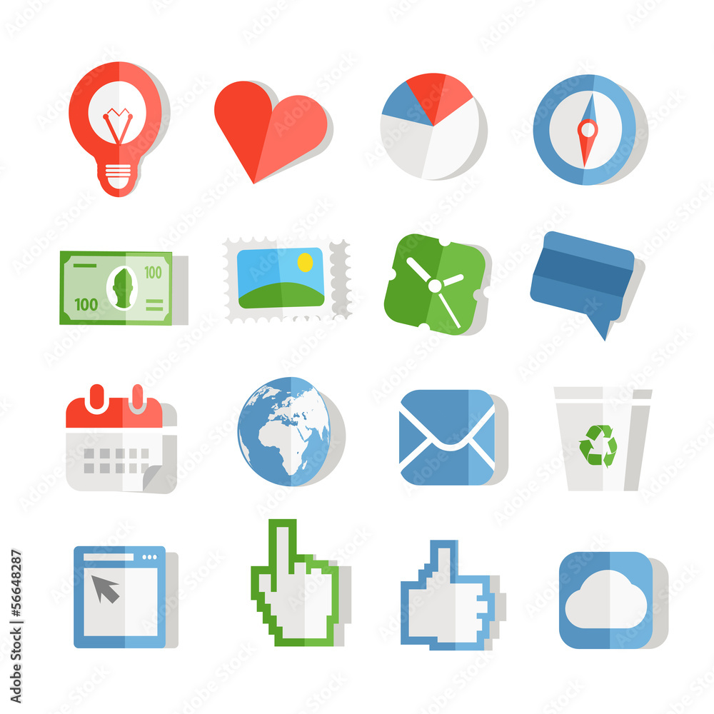 Aufkleber collection of paper style color web icons. isolated on white